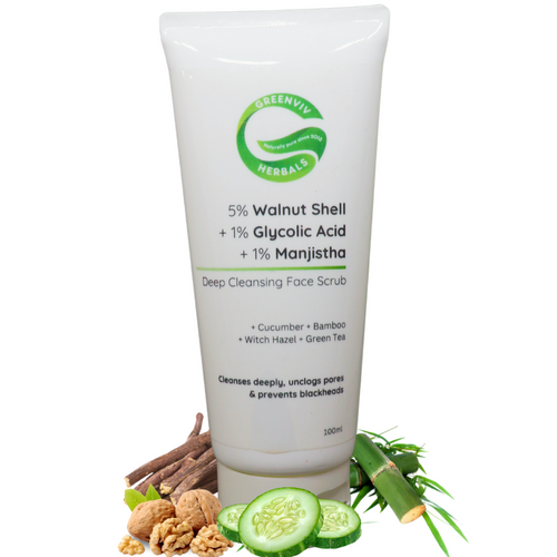 5% Walnut Shell + 1% Glycolic Acid + 1% Manjistha Deep Cleansing Face Scrub | Intense Exfoliation & Blackhead Care for Smoother Skin
