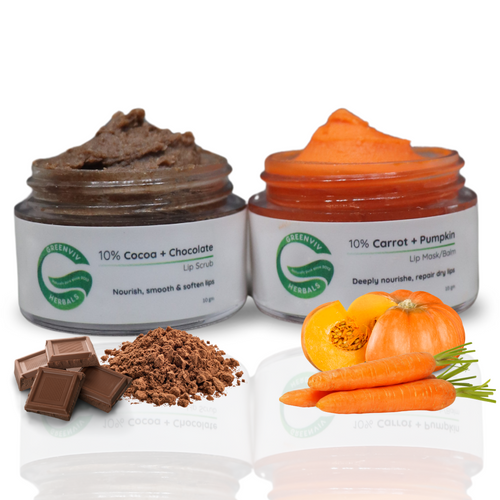 10% Chocolate + Cocoa Lip Scrub & 10% Carrot + Pumpkin Lip Mask Balm | Deep Hydration & Nourishment for Dark, Dry Lips | 20gm(Pack of 2)