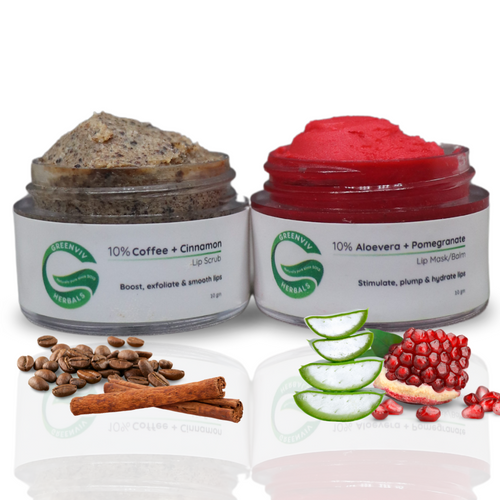 10% Coffee + Cinnamon Lip Scrub & 10% Aloe Vera + Pomegranate Lip Mask Balm | Deeply Hydrates & Repairs lips | 20gm(Pack of 2)