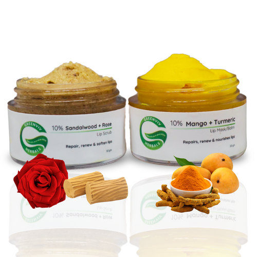 10% Sandalwood + Rose Lip Scrub & 10% Mango + Turmeric Lip Mask Balm | Repair chapped & Sun-damaged lips | 20gm(Pack of 2)