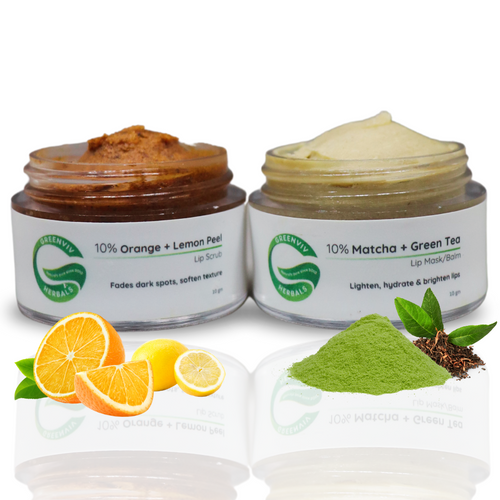 10% Orange + Lemon Lip Scrub & 10% Matcha + Green Tea Lip Mask Balm | Exfoliates & Helps Reduce Dark Lips for a Brighter, Even Tone | 20gm(Pack of 2)