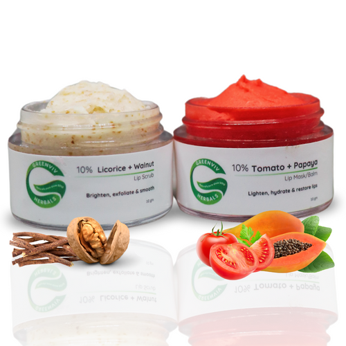 10% Walnut + Licorice Lip Scrub & 10% Tomato + Papaya Lip Mask | Gently Exfoliates, Nourishes & Revives Dry, Chapped Lips | 20gm(Pack of 2)