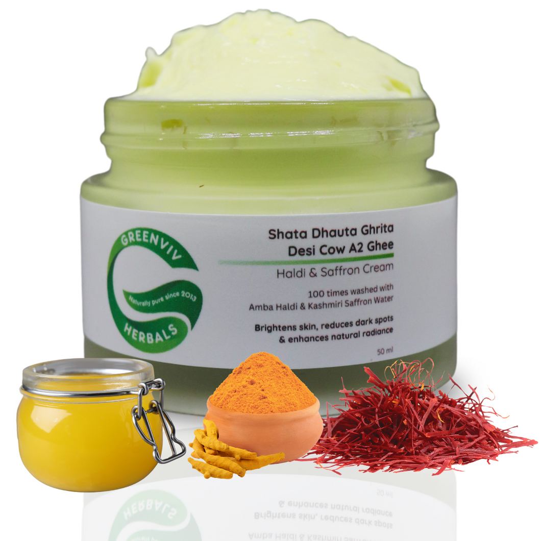 Shata Dhauta Ghrita Desi Cow A2 Ghee Cream | 100 times washed with Amba Haldi & Kashmiri Saffron water in Copper Vessel | For Deep Skin Moisturizing
